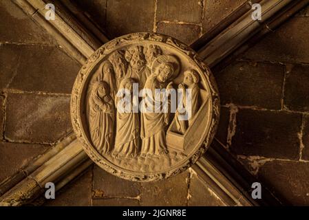 Chiostro della Cattedrale di Barcellona con la fontana e la 'ou com balla' (l'uovo come balla), una tradizione catalana del giorno del Corpus (Barcellona, Spagna) Foto Stock