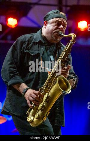 Concerto del chitarrista Iiconico MIKE STERN e del leggend delle camere DENNIS della batteria alla Casa del jazz di Roma su 10.07.2022 per il Roma Summer Fest. Altri membri della band: BOB FRANCESCHINI sax tenore e CHRIS MINH DOKY bass Foto Stock