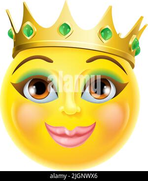 Queen Princess Emoticon Gold Crown Cartoon Face Illustrazione Vettoriale