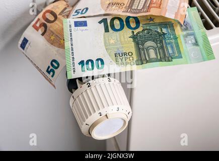 Radiatore e termostato con banconote in euro come simbolo dell'aumento dei costi di riscaldamento Foto Stock