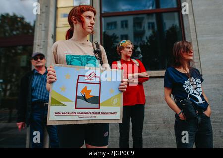 Wroclaw, Wroclaw, Polonia. 12th luglio 2022. Il 12 luglio 2022, alla vigilia di un importante voto in seno al Parlamento europeo, lo sciopero dei giovani sul clima è stato preso in esame presso l'Ufficio d'informazione del Parlamento europeo di Breslavia, chiedere un cambiamento nella legge - smettere di riconoscere la biomassa del legno come energia rinnovabile e smettere di riconoscere la biomassa del legno come energia rinnovabile e smettere di sovvenzionare questa fonte di energia. (Credit Image: © Krzysztof Zatycki/ZUMA Press Wire) Foto Stock