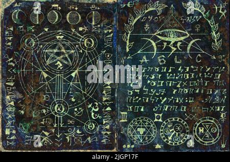Illustrazione di Halloween disegnata a mano della vecchia pagina con wicca e simboli mistici dal libro incantesimo magico della strega. Sfondo gotico, occulto ed esoterico. Solo Foto Stock