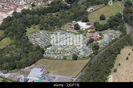 Vista aerea del River Laver Holiday Park a Ripon, North Yorkshire Foto Stock