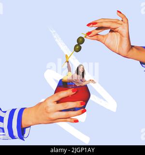 Collage d'arte contemporanea. Donna che cade in sanguinoso cocktail mary isolato su sfondo blu. Concetto di alcol, dipendenza, festa, gusto. Foto Stock