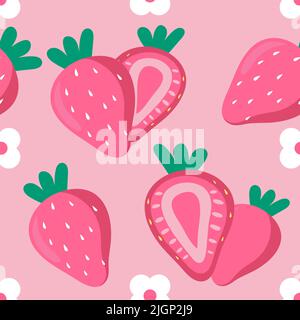 Motivo senza cuciture con fragole su sfondo rosa. Foto Stock
