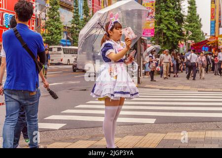 Tokyo, Giappone-15 settembre 2018: Le giovani donne giapponesi vestite come maids promuovono i caffè iconici della cameriera in Akihabara, un'area conosciuta per la sua domestica popolare Foto Stock