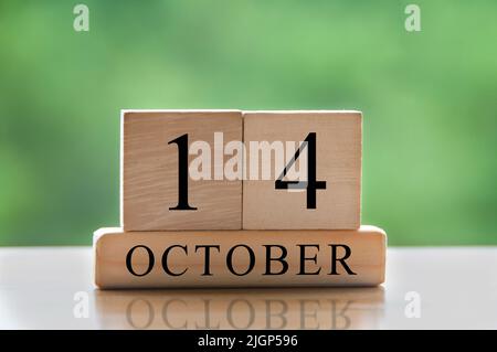 Ottobre 14 data del calendario testo su blocchi di legno con spazio di copia per idee o testo. Copiare il concetto di spazio e calendario Foto Stock