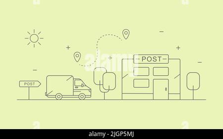 Camion di consegna e due segnalatori e edificio dell'ufficio postale Illustrazione Vettoriale