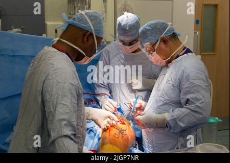 Un chirurgo e un personale NHS effettuano la chirurgia del ginocchio, anche nota come artroplastica, in un ospedale NHS. Foto Stock