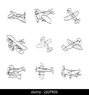 Set di aeroplani disegnati a mano. I contorni del velivolo in stile Doodle su sfondo bianco. Illustrazione Vettoriale