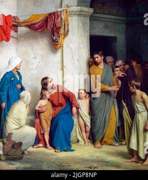 Cristo e i figli, i piccoli figli vengano da me, soffrono i bambini, dipingendo in olio su rame di Carl Bloch, prima del 1890 Foto Stock