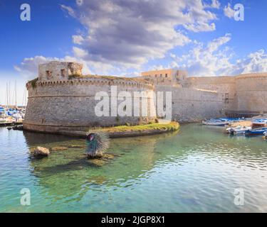 Paesaggio urbano di Gallipoli in Puglia. Il Castello di Gallipoli, lavato dal Mar Ionio, si affaccia sul centro della cosiddetta bella città. Foto Stock