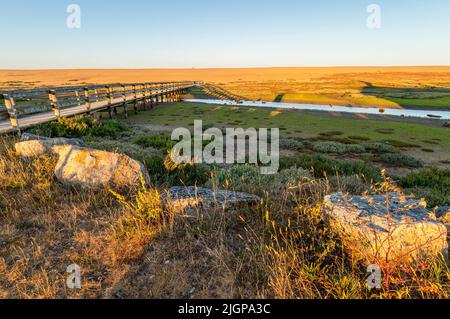 Ponte di legno attraverso Fleet Lagoon che conduce alla riva di scandole di Chesil Beach Jurassic costa con portland rocce di pietra in una mattinata di sole con cl Foto Stock