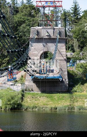 Lavori di ristrutturazione del ponte Union Chain Bridge, River Tweed, Horncliffe, English e Scottish Border Foto Stock
