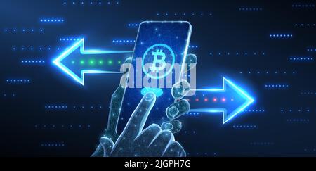Trasferimento crittografia. Telefono in mani con il simbolo del bitcoin e le frecce. Cambio valuta, mobile banking, portafoglio digitale, pagamento rapido, invio di transazioni, online Illustrazione Vettoriale