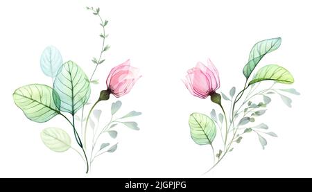 Bouquet acquerello. Rose trasparenti e brillanti in stile astratto. Fiori color pastello con tenui rami di eucalipto. Floreale dipinto a mano Foto Stock