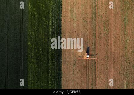 Colpo aereo del trattore agricolo con irroratrice montata spruzzando erbicida chimico sopra piantagione di mais, drone pov direttamente sopra Foto Stock