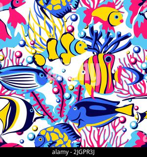 Modello senza giunture con pesci tropicali. Acquario marino e animali marini. Immagine stilizzata con colori brillanti. Illustrazione Vettoriale