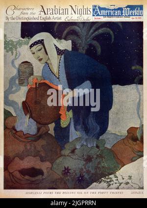 'Organica Pours the Boiling Oil the Forty Thieves' pubblicato il 19,1925 aprile nella rivista americana settimanale Sunday come parte della serie 'personaggi delle notti arabe'. Foto Stock