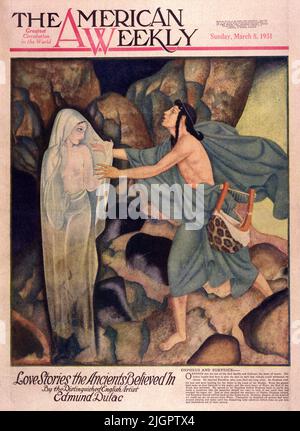 Orpheus ed Eurydice hanno pubblicato il 8,1931 marzo sulla rivista American Weekly di Edmund Dulac. Orfeo era figlio del Dio Apollo e Calliope, musa della musica. Suo padre gli insegnò come giocare la lira così bene che nessuno poteva resistere al suo fascino. Sposò Euridice, che purtroppo morì poco tempo dopo. Così Orfeo prese il suo liuto e andò a caccia di lei giù nel paese delle tonalità. Anche i fantasmi versarono lacrime mentre ascoltavano la sua musica, e il cuore severo di Plutone, il Dio dei morti, fu ammorbidito. Accettò di lasciare che Euridice segua Orfeo di nuovo sulla terra, ma fece una condizione. Foto Stock