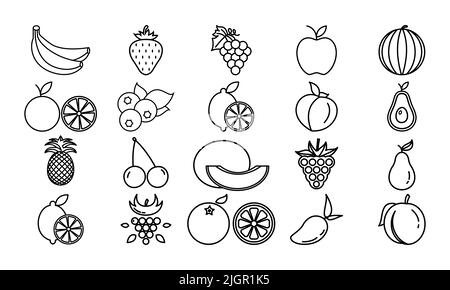 Top 20 Fresh Fruits vettore icona contorno. EPS 10. Impostare l'illustrazione della frutta estiva. Cibo vegano sano. Dieta frutta vitaminica. Collezione di vegeterian, swe Foto Stock