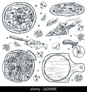 Pizza italiana, isolato su sfondo bianco. Illustrazione dello schizzo vettoriale degli snack fast food. Menu pizzeria elementi di design vintage disegnati a mano Illustrazione Vettoriale