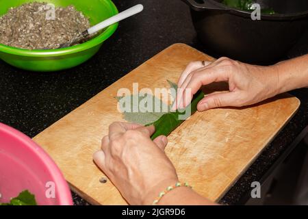 Una donna prepara il cibo a casa. La carne macinata è avvolta in foglie d'uva su un asse di legno, dolma. Foto Stock
