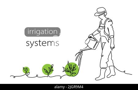 Persona con annaffiatoio e piante verdi crescenti. Concetto di fondo vettoriale, banner, poster per sistemi di irrigazione. Un disegno lineare continuo Illustrazione Vettoriale