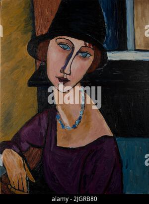 Ritratto di una ragazza in un cappello. Bella pittura ad olio su tela. Basato sul magnifico dipinto di Modigliani. Pennellate tratti e trame di tela. Foto Stock