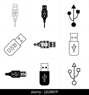 Set di icone USB nere vettoriali. set di simboli usb, logo, simbolo Illustrazione Vettoriale