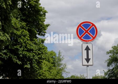 Un cartello stradale europeo che indica che è vietato fermarsi e parcheggiare davanti e fuori dal cartello. Cielo blu e natura sullo sfondo. Alto Foto Stock