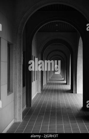 Un'immagine verticale in scala di grigi di un lungo corridoio con archi Foto Stock