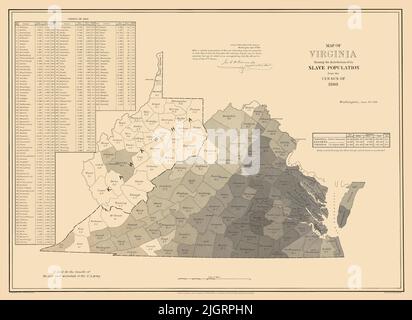Riproduzioni restaurate e migliorate di una mappa antica del 1861. Titolo originale: Mappa della Virginia che mostra la distribuzione della sua popolazione schiava dal censimento del 1860. Mostra lo stato diviso in contee con la percentuale di schiavi in ogni contea. La Virginia occidentale è etichettata 'Kanawha', il nome dello stato proposto al momento. Foto Stock