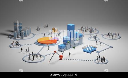 Analisi dei big data, concetto astratto. Grafici e grafici che mostrano informazioni sulle persone. Rendering digitale 3D. Foto Stock