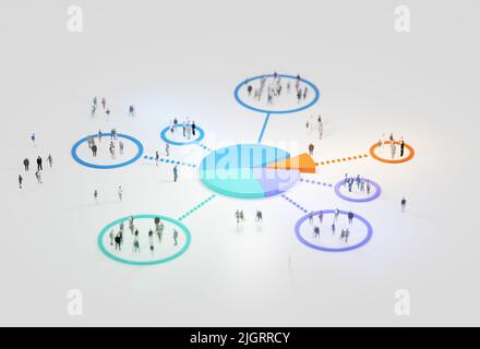 Analisi dei big data, concetto astratto. Grafico a torta e gruppi di persone su sfondo bianco. Rendering digitale 3D. Foto Stock