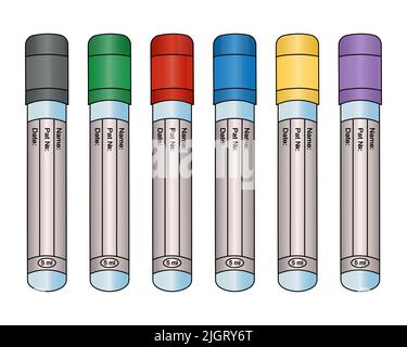 Raccolta di provette vuote con tappi colorati per esami del sangue di pazienti in stile cartone animato Illustrazione Vettoriale