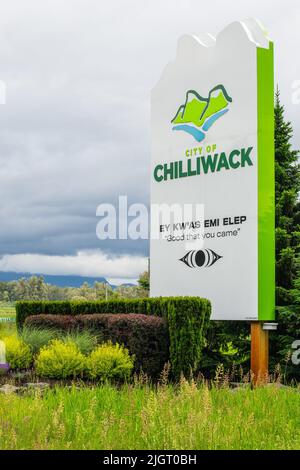 Benvenuto a Chilliwack Sign, Chilliwack, British Columbia, Canada Foto Stock