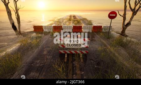 Strada chiusa segno in una strada diritta allagata all'alba, illustrazione 3D. Foto Stock