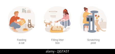 Set di illustrazioni vettoriali isolate di routine del proprietario Cat. Nutrire un gatto, versare cibo secco in una ciotola, riempire la scatola della lettiera, riempire il vassoio della toilette, graffiare post, quotidiano vettore cartone animato. Illustrazione Vettoriale