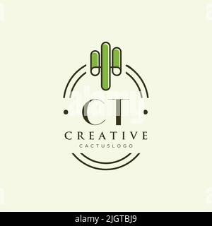 CT vettore modello logo cactus verde lettera iniziale Illustrazione Vettoriale