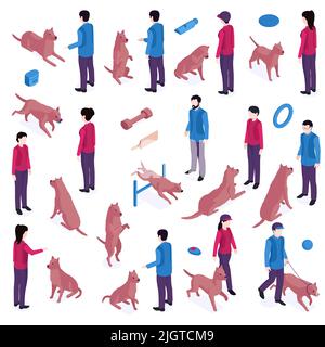 Cinologo di addestramento del cane isometrico insieme con icone isolate di barriere di giocattoli e personaggi umani che educano illustrazione vettoriale dei cani Illustrazione Vettoriale