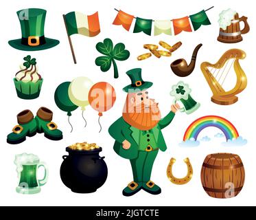 San Patricks giorno set di decorazioni isolate icone di bevande simboli nazionali irlandesi e divertente costume illustrazione vettoriale Illustrazione Vettoriale