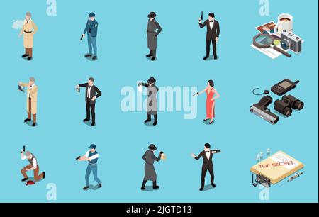 Detective spy Special Agent Isometric set con personaggi umani maschi e femmine armi e attrezzature per la sorveglianza isolato su sfondo blu 3D Illustrazione Vettoriale