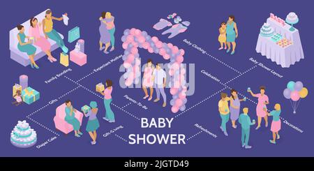 Infografica isometrica del partito dell'acquazzone del bambino con le didascalie del testo i caratteri umani i dolci ed i regali con illustrazione vettoriale della torta del pannolino Illustrazione Vettoriale