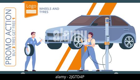 Cartellonistica orizzontale di servizio pneumatico piatto con due meccanici cambio pneumatici auto o ruote illustrazione vettoriale Illustrazione Vettoriale