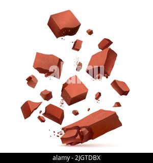 Blowing shards di pezzi di mattoni rossi realistico disegno colorato concetto su sfondo bianco astratto illustrazione vettoriale Illustrazione Vettoriale