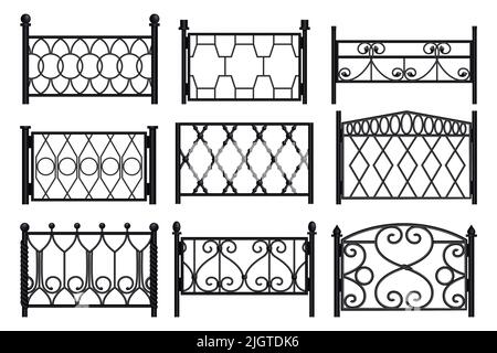 Collezione monocromatica di sezioni modulari in ringhiera da balcone in metallo forgiato isolato su sfondo bianco illustrazione vettoriale realistica Illustrazione Vettoriale