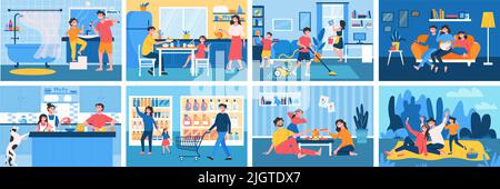 Famiglia routine Flat set di lavaggio cucina mangiare pulizia giocare guardare tv shopping riposo esterno isolato composizioni illustrazione vettoriale Illustrazione Vettoriale