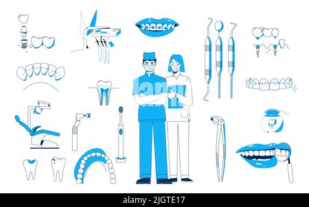 Set odontoiatrico con icone piatte isolate di denti sani e danneggiati con caratteri di dentista medico illustrazione vettoriale Illustrazione Vettoriale