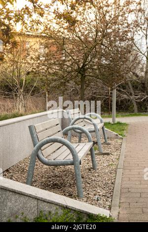 Panca bianca vuota in legno nel parco all'inizio della primavera. Parco panchine a Pruszcz Gdanski Polonia. Durante l'epidemia di Coronavirus Pandemic Lonely panca nel Parco il giorno d'estate Foto Stock